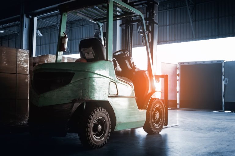 Forklift,Tractor,Loader,At,The,Warehouse.,Truck,Parked,Loading,At